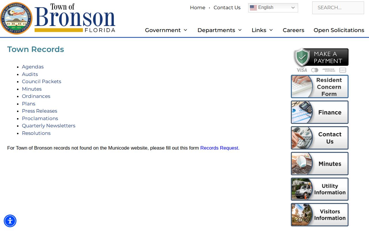Town of Bronson records page explaining the Levy County Sheriff record boundary