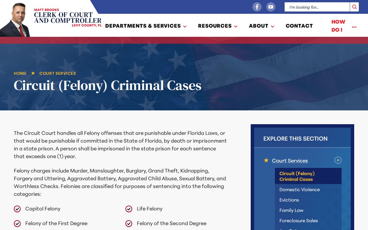 Levy County Clerk felony booking disposition record access