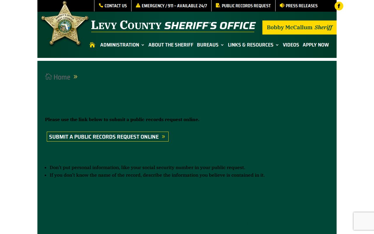Levy County Sheriff booking photo public records request instructions