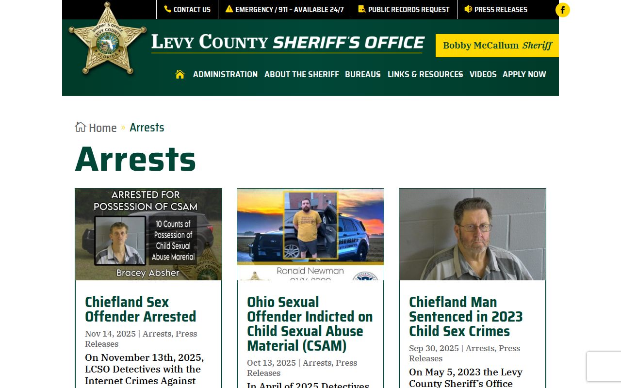 Levy County Sheriff selected warrant and arrest releases